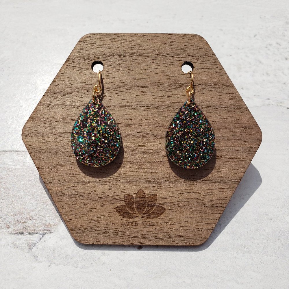 Dark Gray Holographic Glitter Small Teardrop Dangle Earrings, Acrylic, Handmade